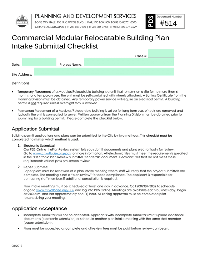 Commercial Modular Relocatable Building Plan Intake Submittal Checklist screenshot