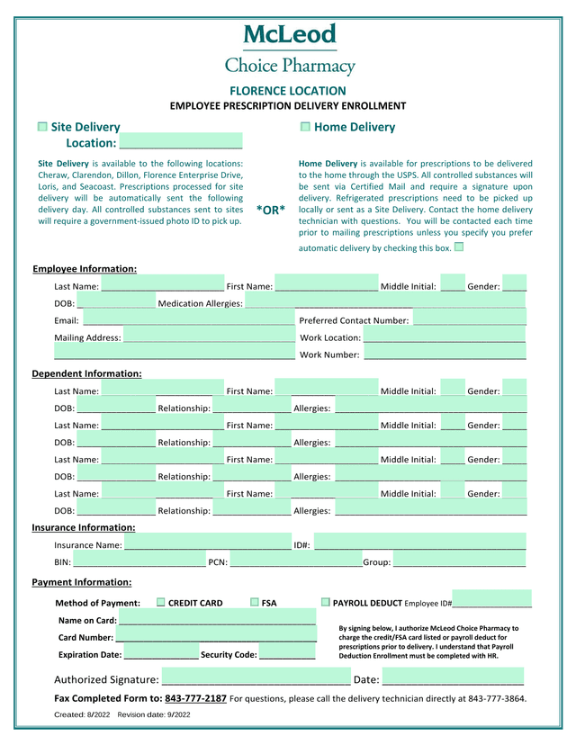 FLORENCE LOCATION EMPLOYEE PRESCRIPTION DELIVERY ENROLLMENT screenshot