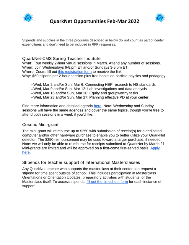 QuarkNet Opportunities Feb Mar 2022 screenshot