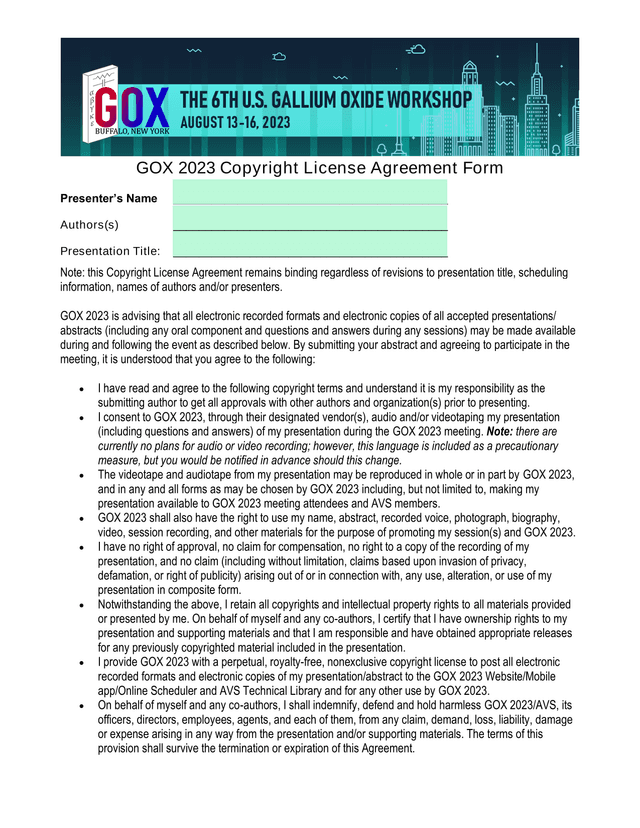 GOX 2023 Copyright License Agreement Form screenshot