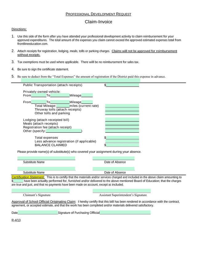 Professional Development Request Claim Invoice screenshot