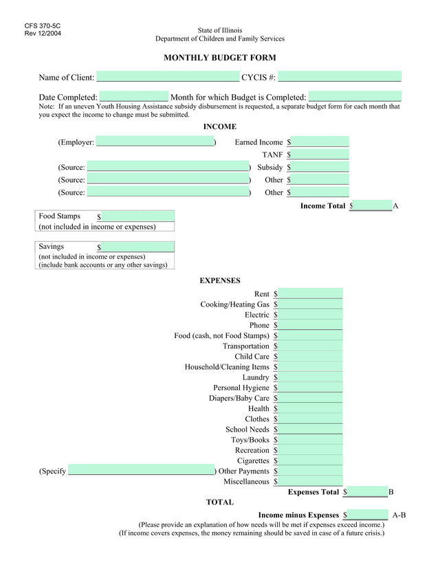 CFS 370 5C Monthly Budget Form screenshot