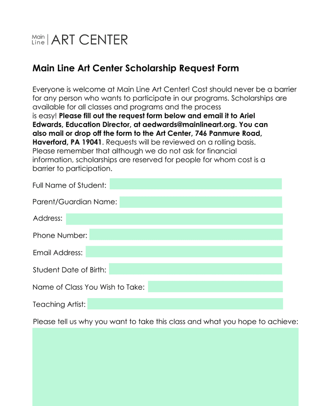 Main Line Art Center Scholarship Request Form screenshot