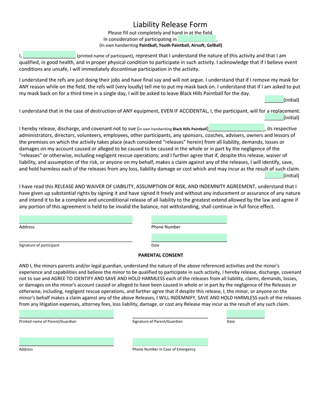 Liability Release Form screenshot