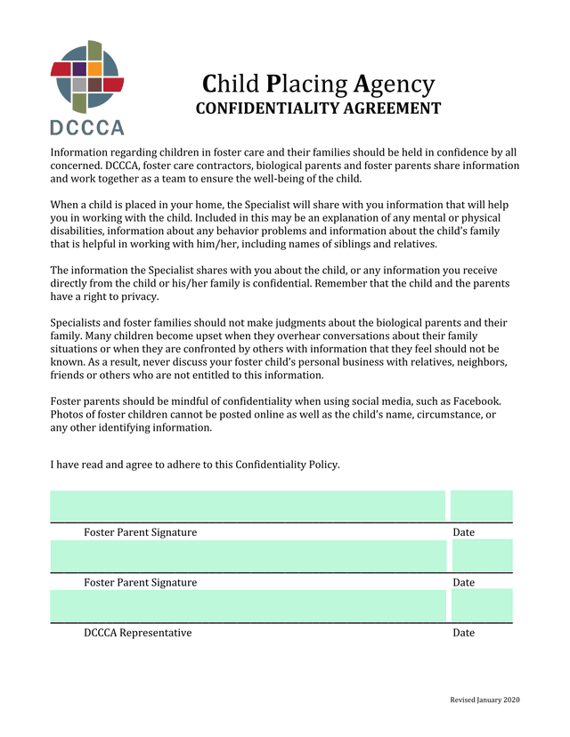 Child Placing Agency Confidentiality Agreement screenshot