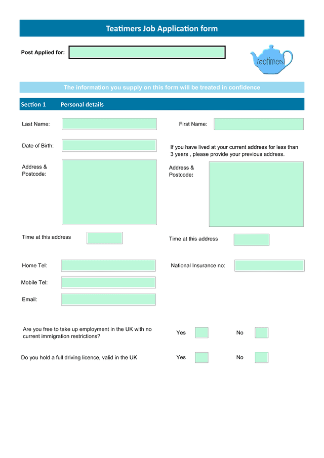 Teatimers Job Application Form screenshot