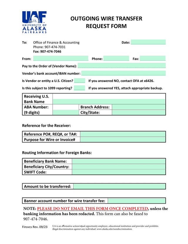 Outgoing Wire Transfer Request Form screenshot