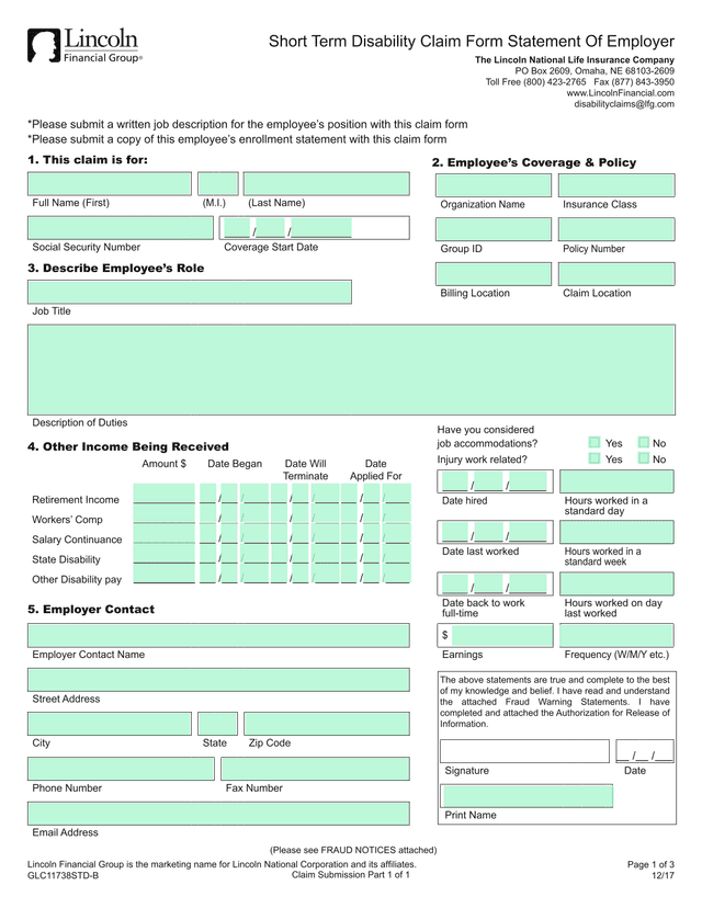 Short Term Disability Claim Form Statement Of Employer screenshot