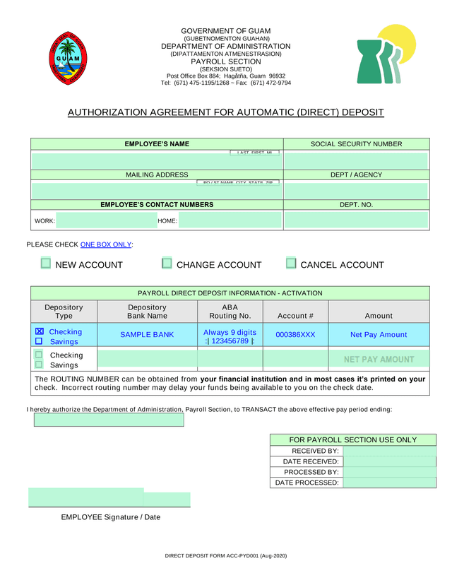 Direct Deposit Form ACC PYD001 screenshot