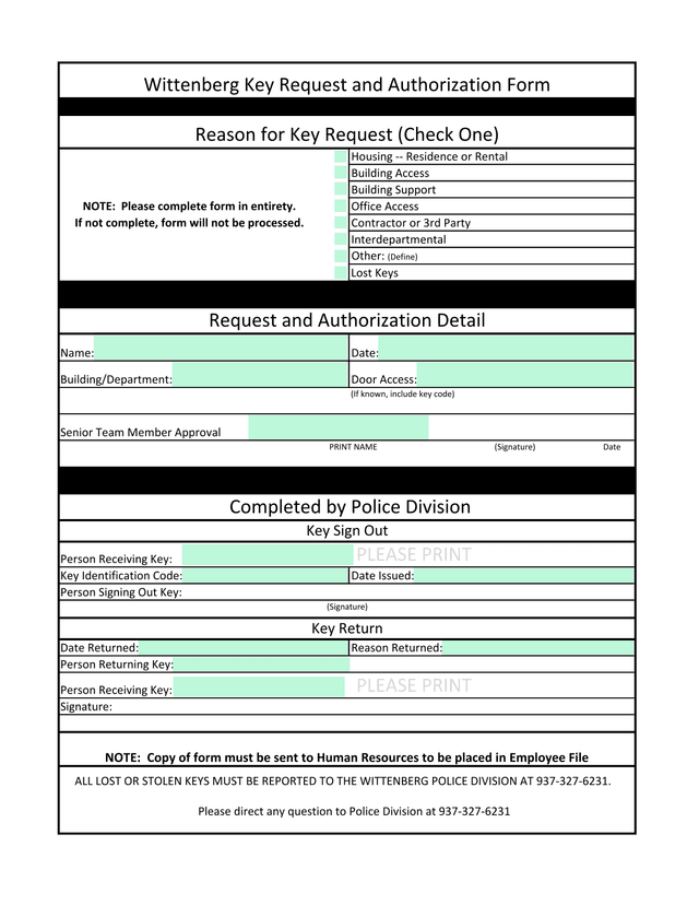 Wittenberg Key Request And Authorization Form screenshot