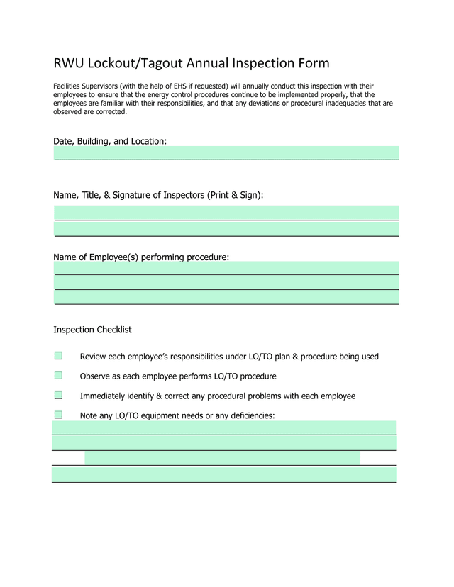 RWU LockoutTagout Annual Inspection Form screenshot