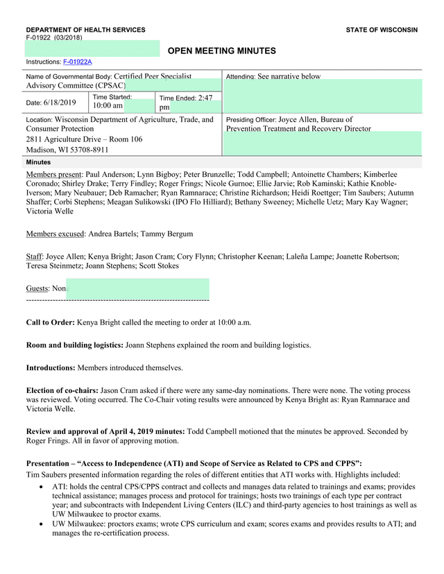 Open Meeting Minutes   Certified Peer Specialist Advisory Committee screenshot