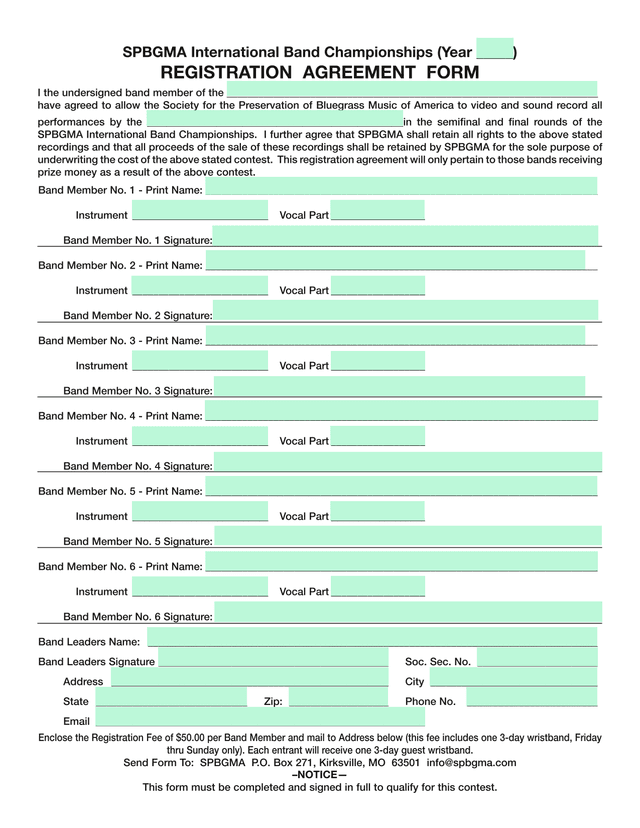 SPBGMA International Band Championships Registration Agreement Form screenshot