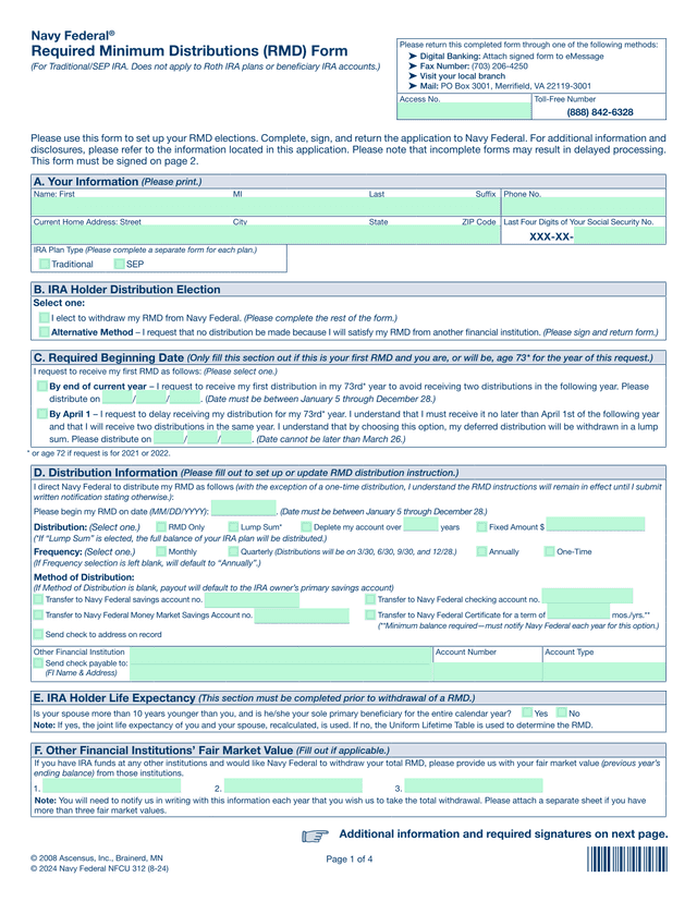 Required Minimum Distributions (RMD) Form screenshot