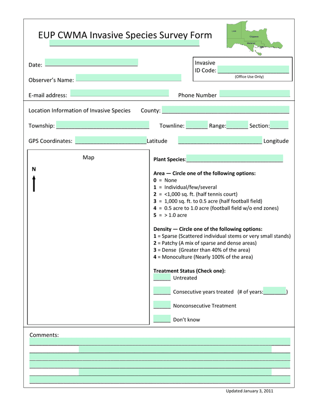 EUP CWMA Invasive Species Survey Form screenshot