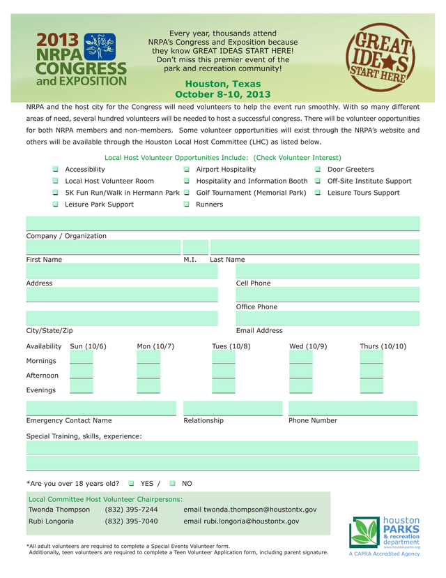 NRPA Congress Volunteer Registration Form screenshot