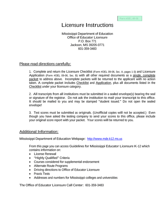 Form OEL 09 06 Licensure Instructions screenshot