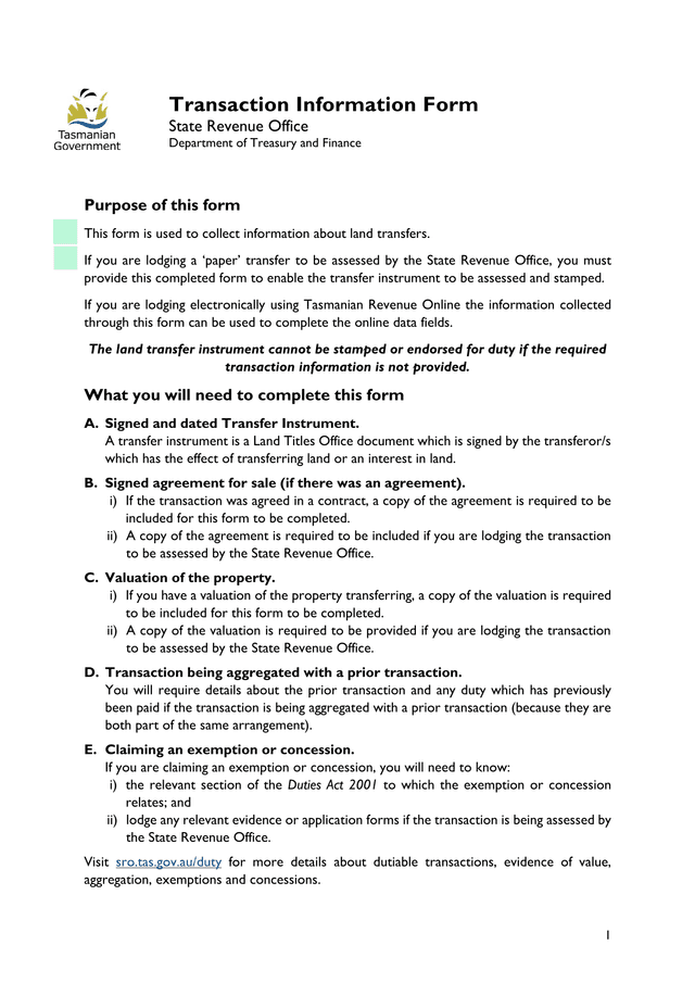 Transaction Information Form screenshot