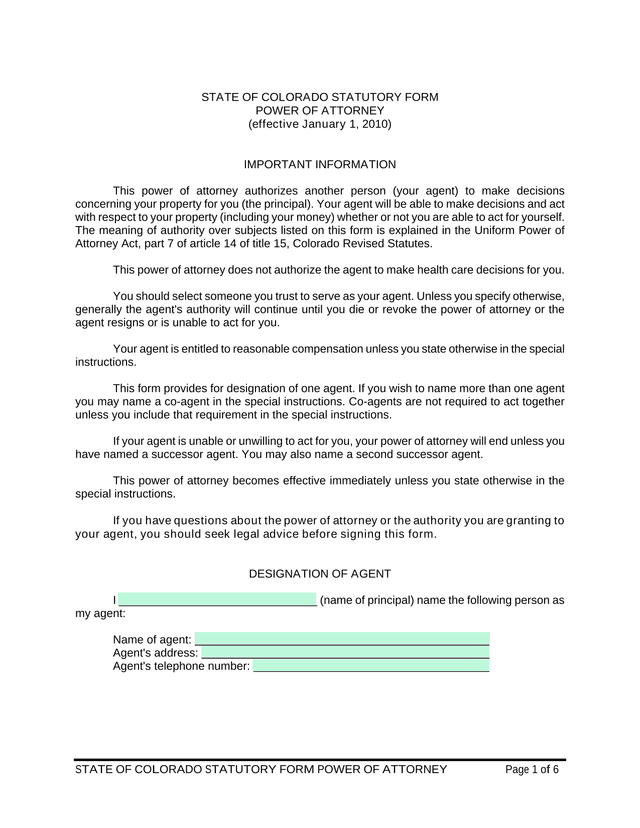 STATE OF COLORADO STATUTORY FORM POWER OF ATTORNEY screenshot