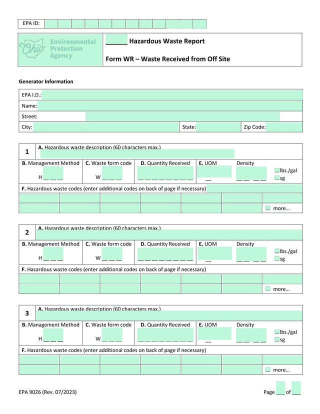 Hazardous Waste Report Form WR  Waste Received From Off Site screenshot