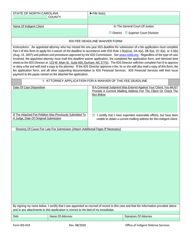 IDS Fee Deadline Waiver Form screenshot