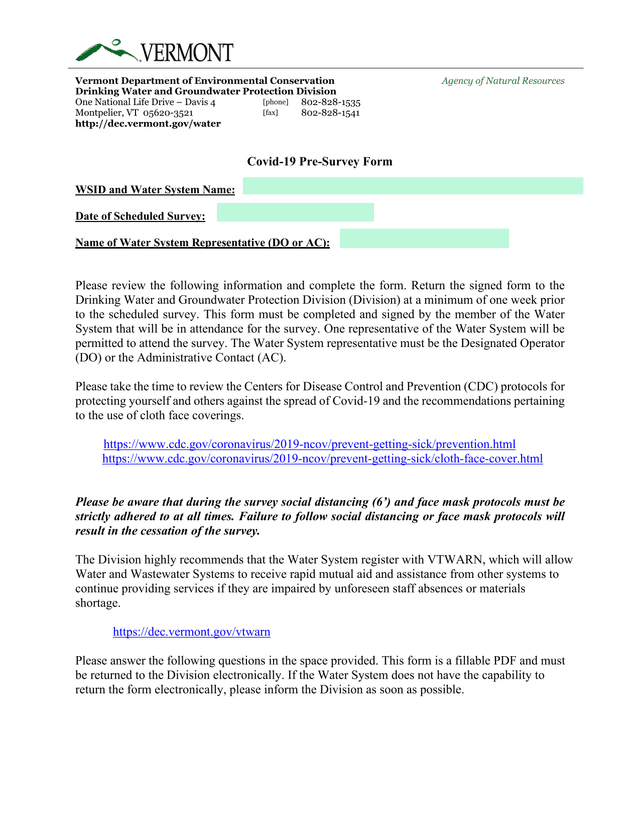 Covid 19 Pre Survey Form screenshot