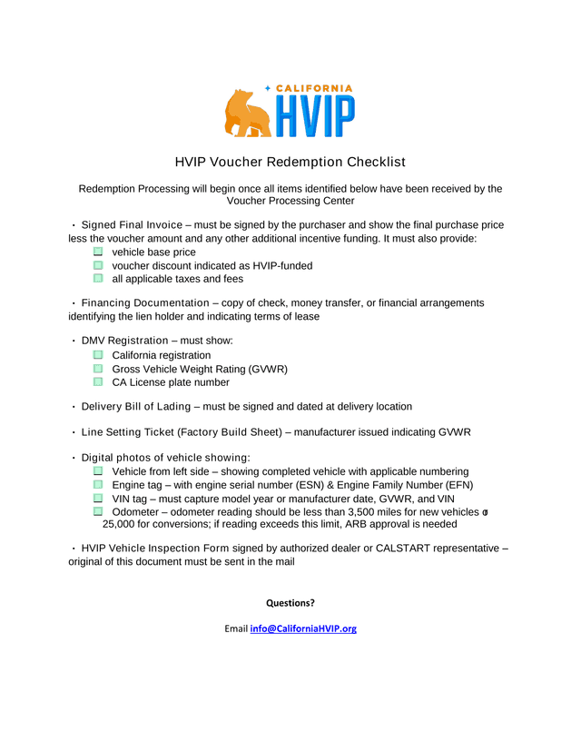 HVIP Voucher Redemption Checklist screenshot