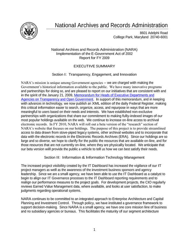 National Archives And Records Administration Implementation Of The E Government Act Of 2002 Report F screenshot