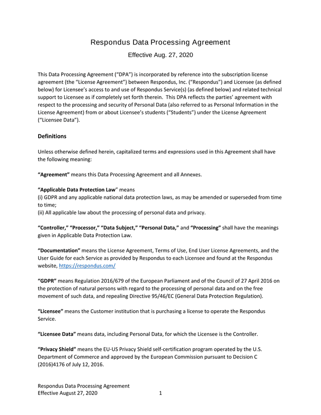 Respondus Data Processing Agreement screenshot