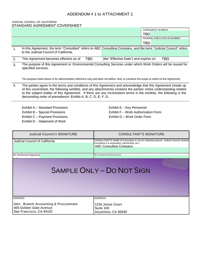 JUDICIAL COUNCIL OF CALIFORNIA STANDARD AGREEMENT COVERSHEET screenshot