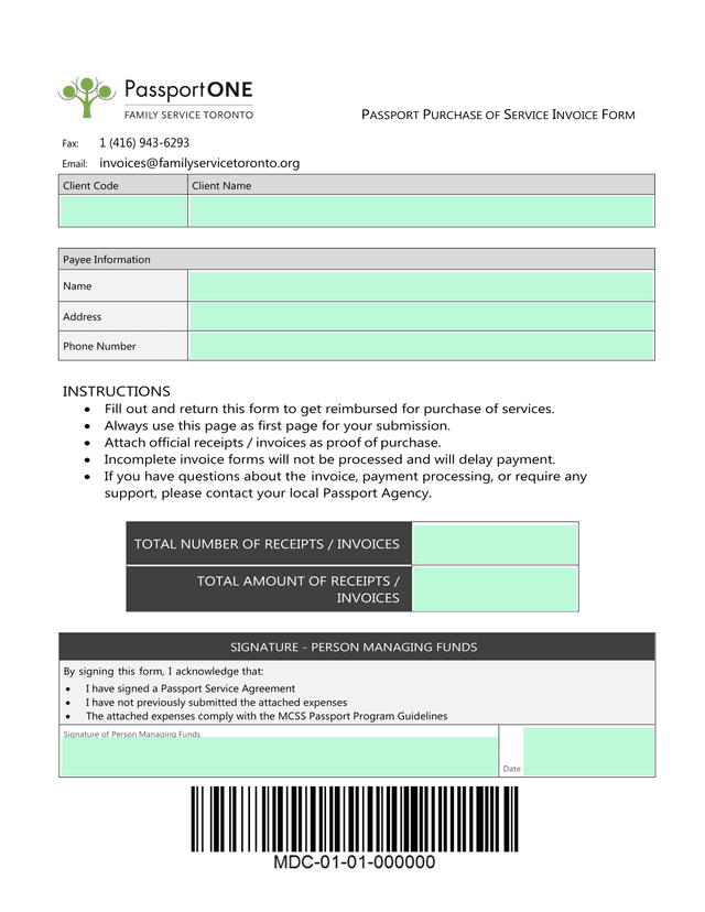 PASSPORT PURCHASE OF SERVICE INVOICE FORM screenshot