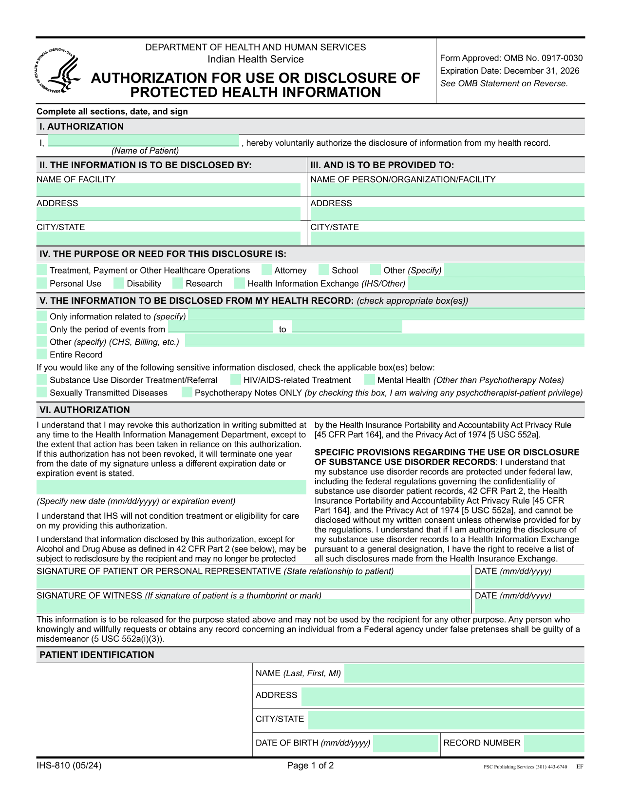 Authorization For Use Or Disclosure Of Protected Health Information (IHS 810) screenshot