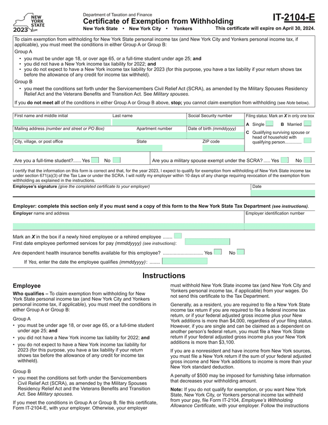IT 2104 E Certificate Of Exemption From Withholding screenshot