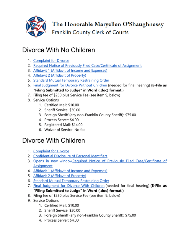 Divorce Filing Instructions screenshot