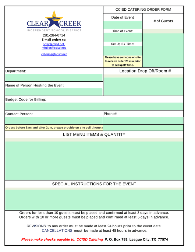 CCISD CATERING ORDER FORM screenshot