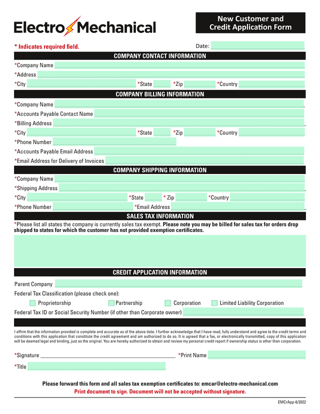 New Customer And Credit Application Form screenshot