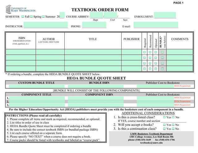 TEXTBOOK ORDER FORM screenshot
