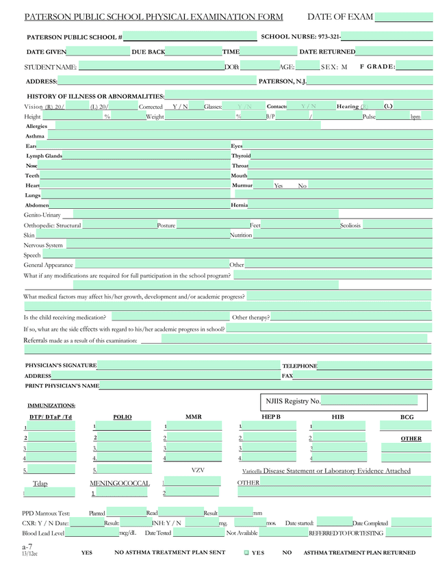 Paterson Public School Physical Examination Form screenshot