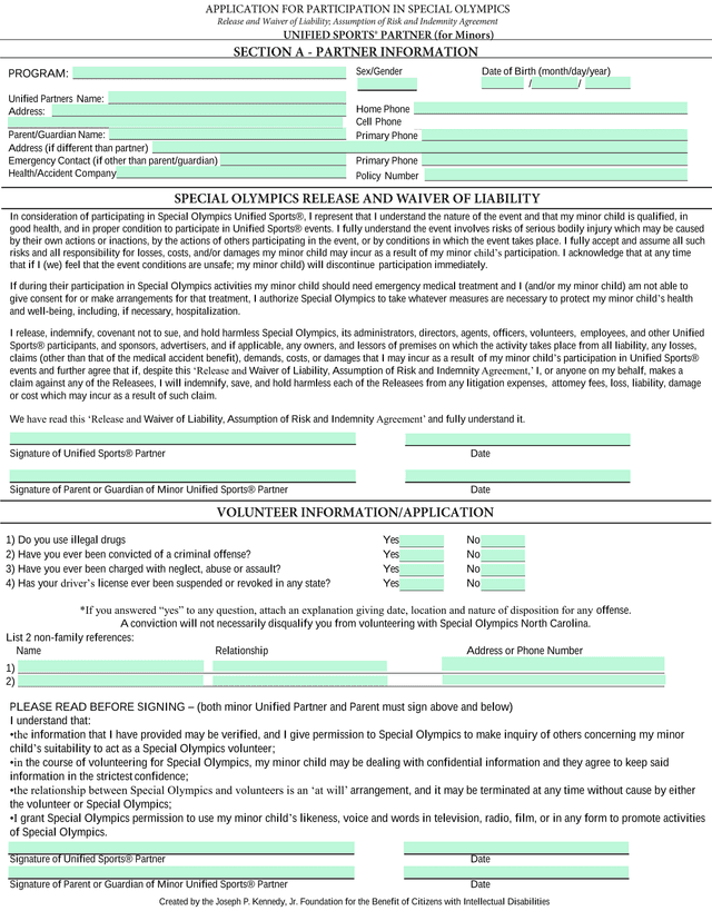 Special Olympics Unified Sports Participation Form screenshot