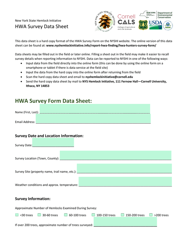 HWA Survey Data Sheet screenshot