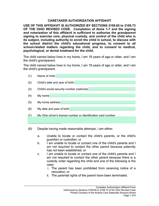 CARETAKER AUTHORIZATION AFFIDAVIT screenshot