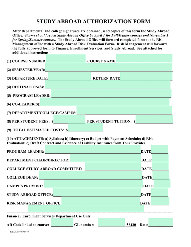 STUDY ABROAD AUTHORIZATION FORM screenshot