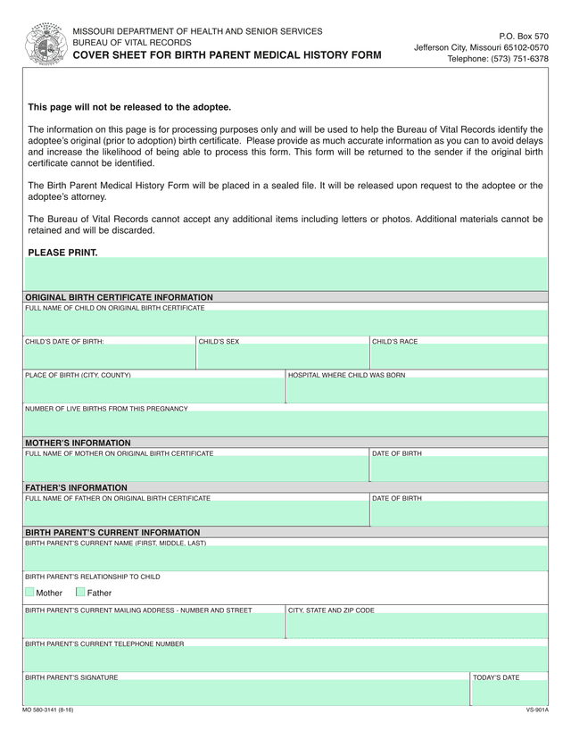 Cover Sheet For Birth Parent Medical History Form screenshot