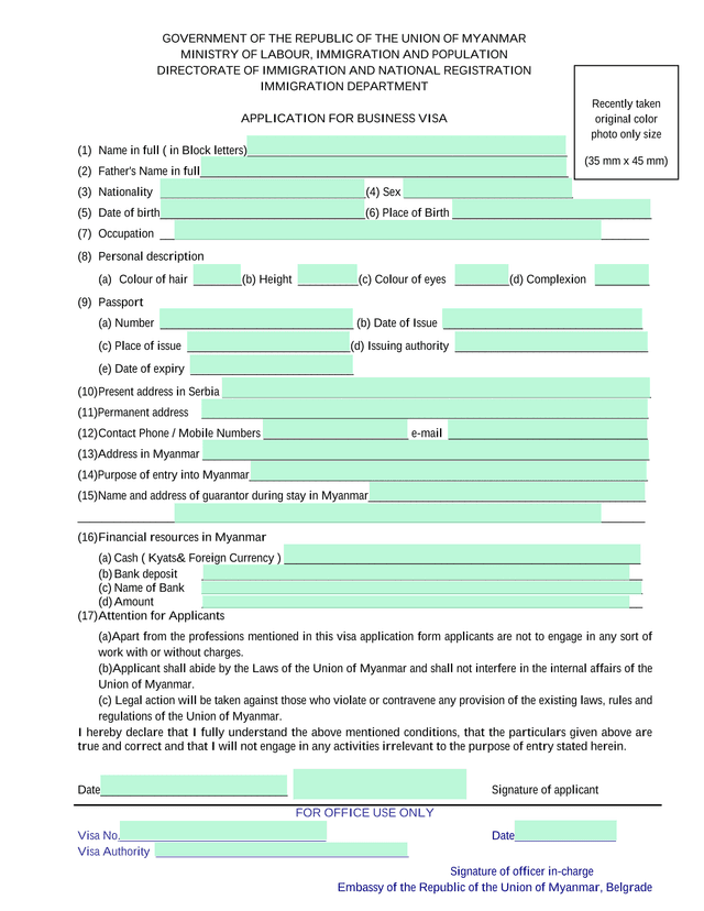 APPLICATION FOR BUSINESS VISA screenshot