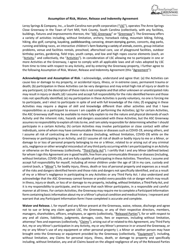 Assumption Of Risk, Waiver, Release And Indemnity Agreement screenshot