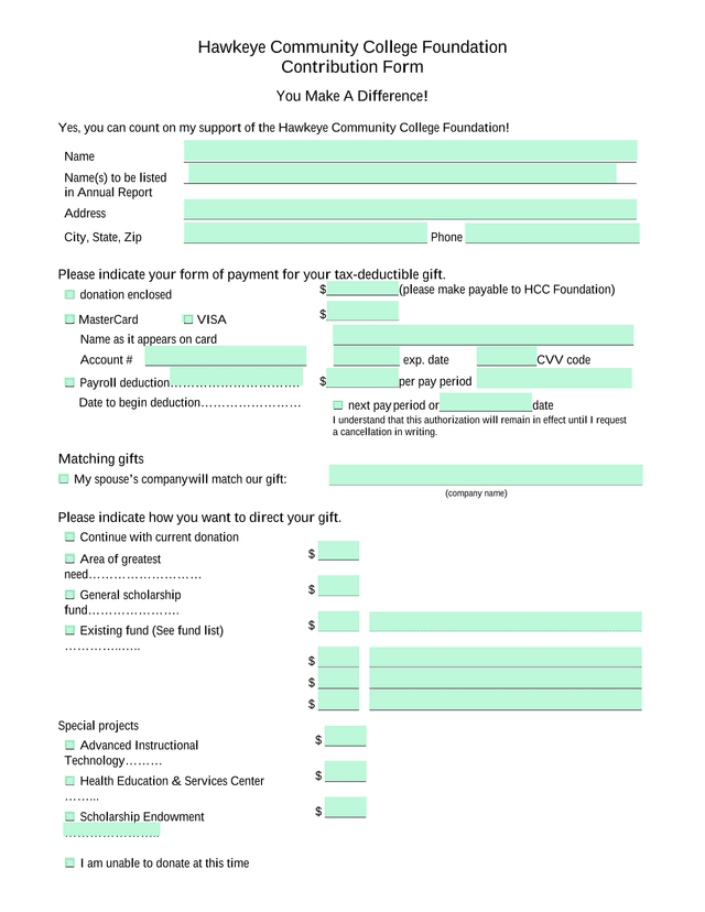 Hawkeye Community College Foundation Contribution Form screenshot