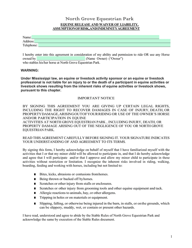 North Grove Equestrian Park Equine Release And Waiver Of Liability, Assumption Of Risk, And Indemnit screenshot