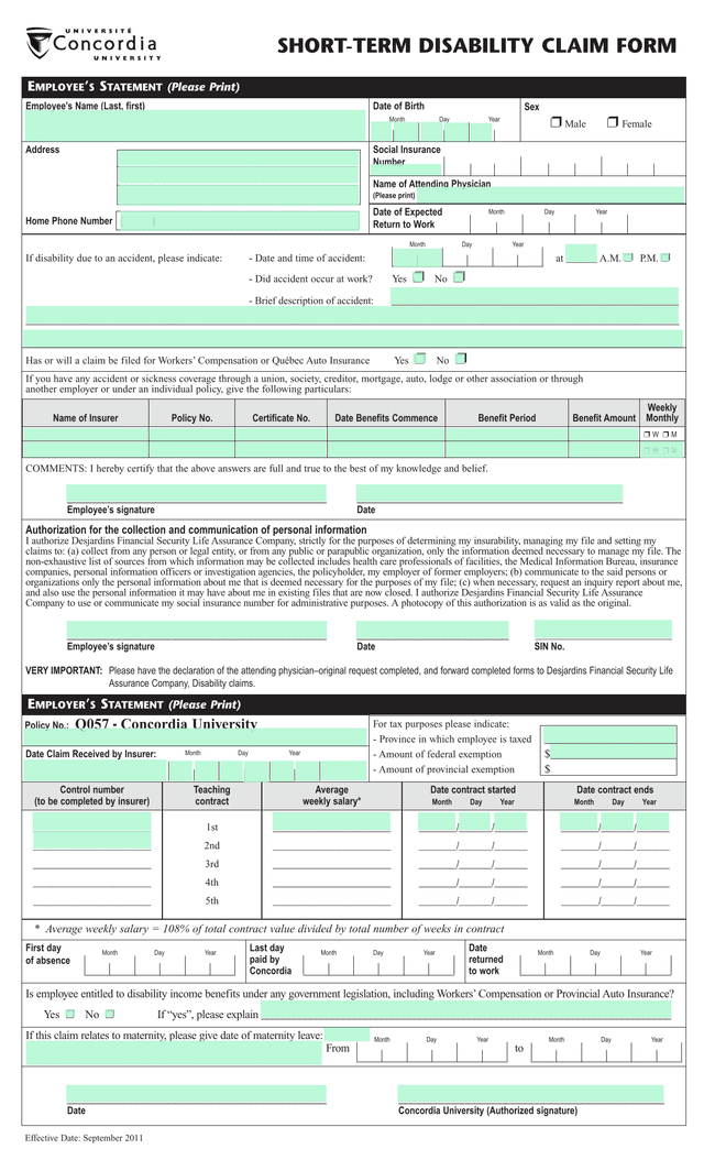 SHORT TERM DISABILITY CLAIM FORM screenshot