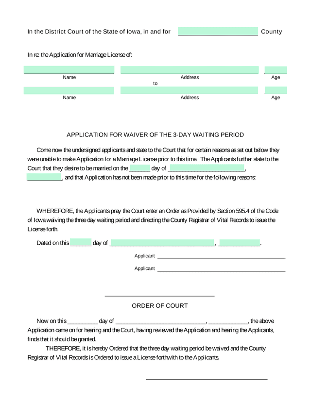 Application For Waiver Of 3 Day Marriage License Waiting Period screenshot