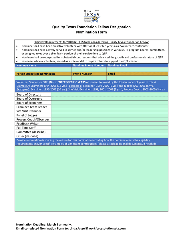 Quality Texas Foundation Fellow Designation Nomination Form screenshot